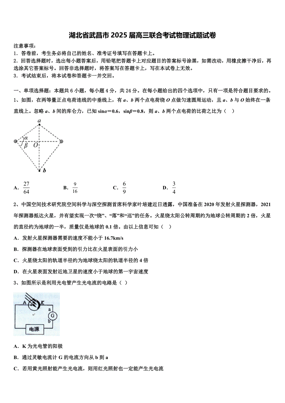 湖北省武昌市2025届高三联合考试物理试题试卷_第1页