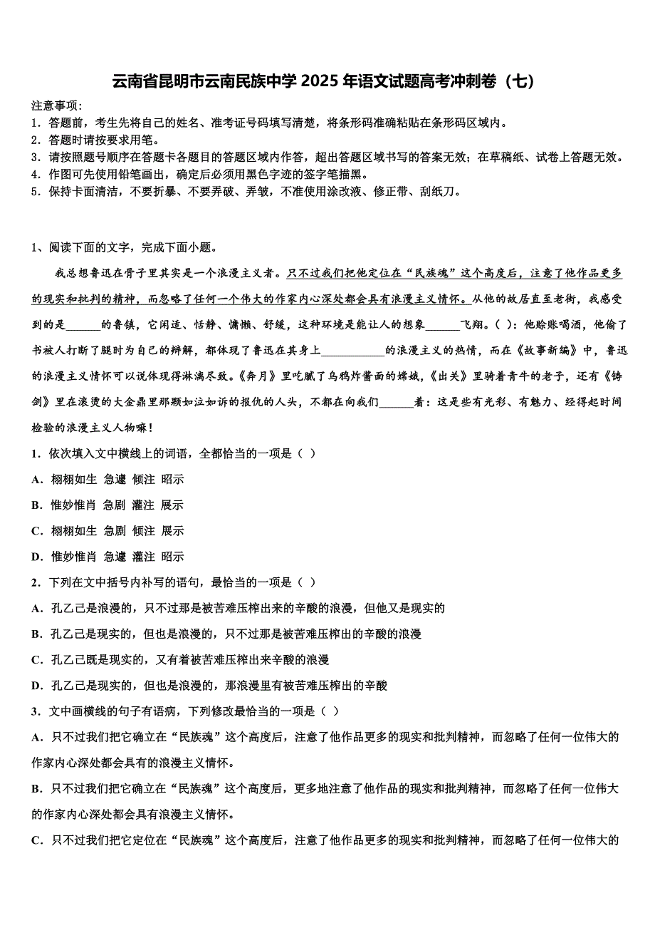 云南省昆明市云南民族中学2025年语文试题高考冲刺卷（七）含解析_第1页