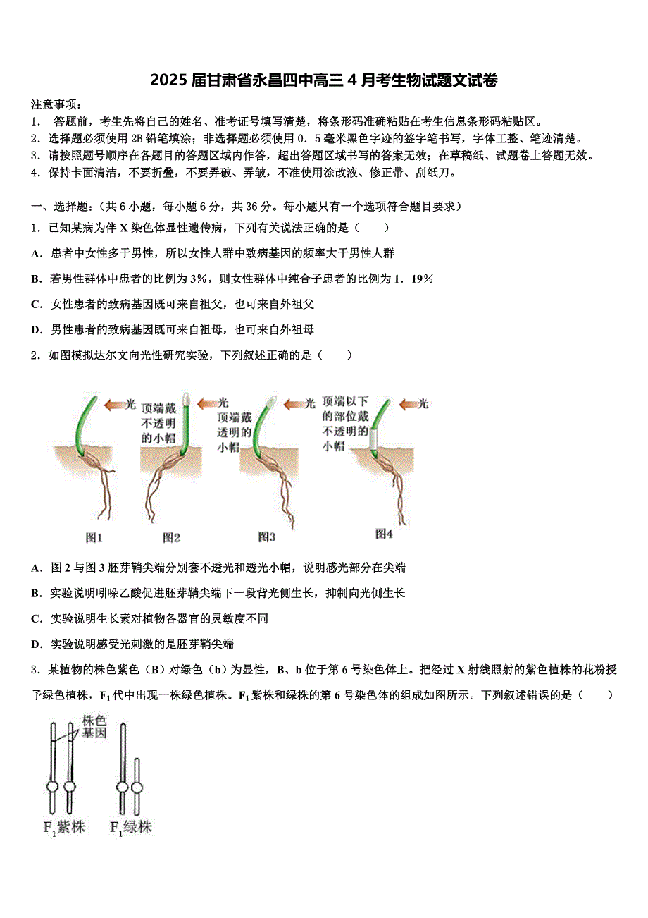 2025届甘肃省永昌四中高三4月考生物试题文试卷含解析_第1页