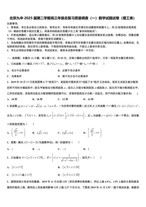 北京九中2025届第二学期高三年级总复习质量调查（一）数学试题试卷（理工类）