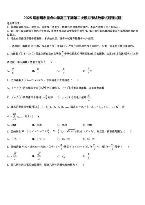 2025届柳州市重点中学高三下期第二次模拟考试数学试题理试题