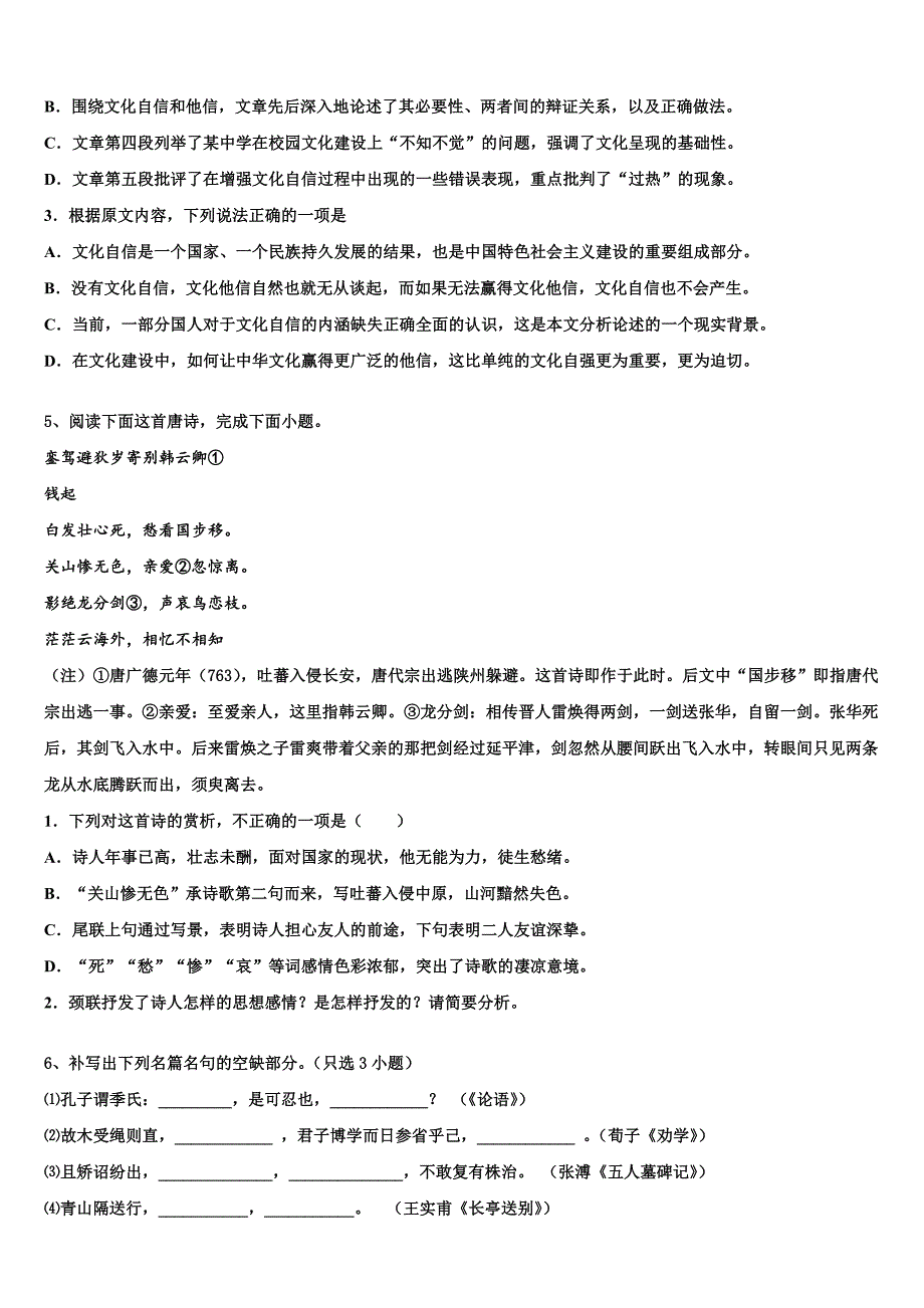 2025届甘肃省武威市民勤县第四中学高三第一次月考语文试题含解析_第3页