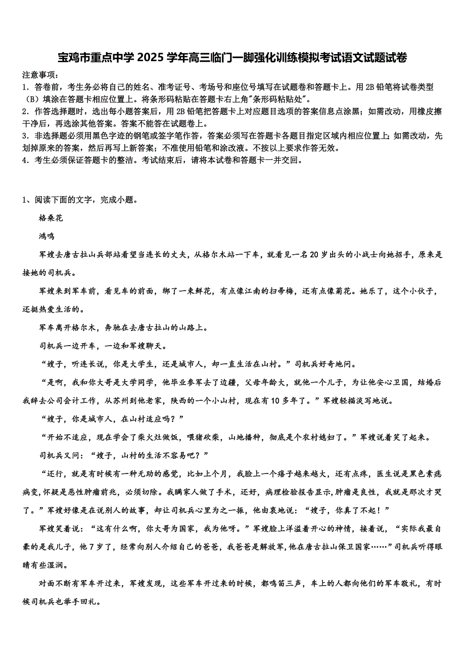 宝鸡市重点中学2025学年高三临门一脚强化训练模拟考试语文试题试卷含解析_第1页