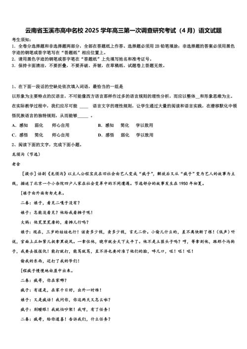 云南省玉溪市高中名校2025学年高三第一次调查研究考试（4月）语文试题含解析