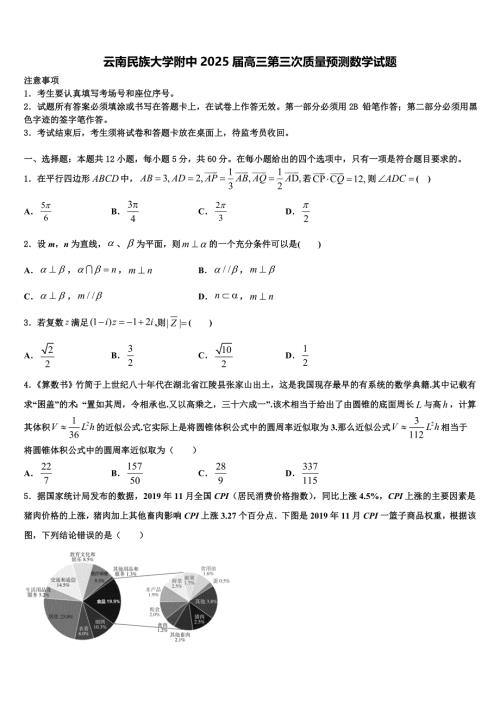 云南民族大学附中2025届高三第三次质量预测数学试题