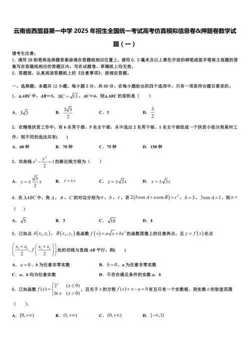 云南省西盟县第一中学2025年招生全国统一考试高考仿真模拟信息卷&押题卷数学试题（一）