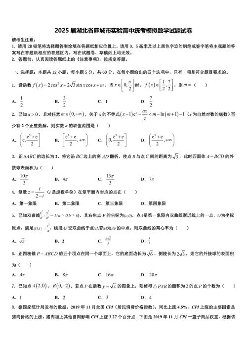 2025届湖北省麻城市实验高中统考模拟数学试题试卷