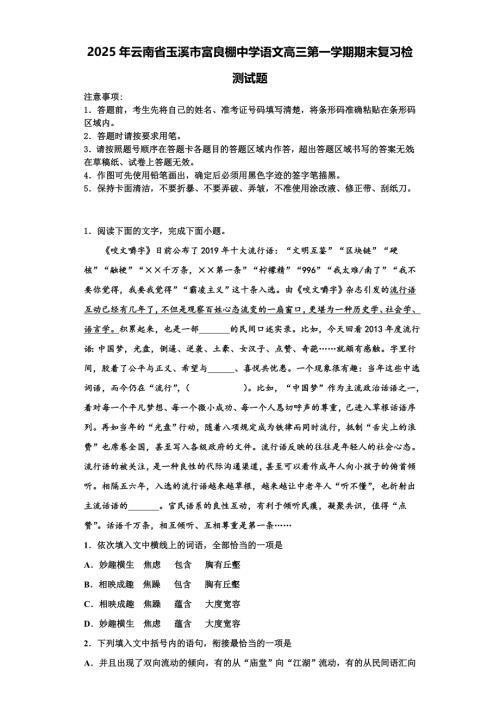 2025年云南省玉溪市富良棚中学语文高三第一学期期末复习检测试题含解析