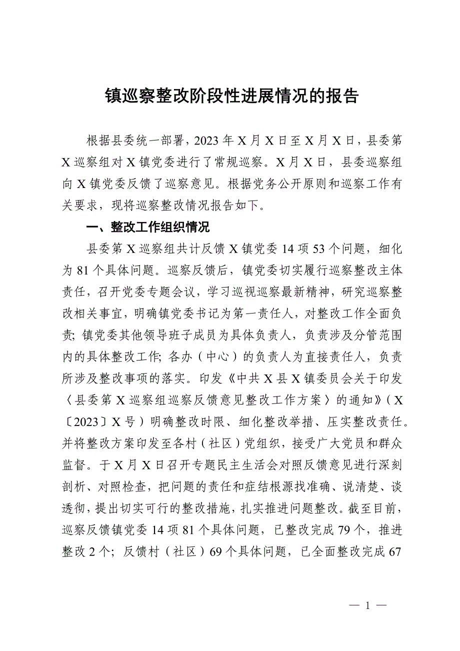 镇巡察整改阶段性进展情况的报告_第1页