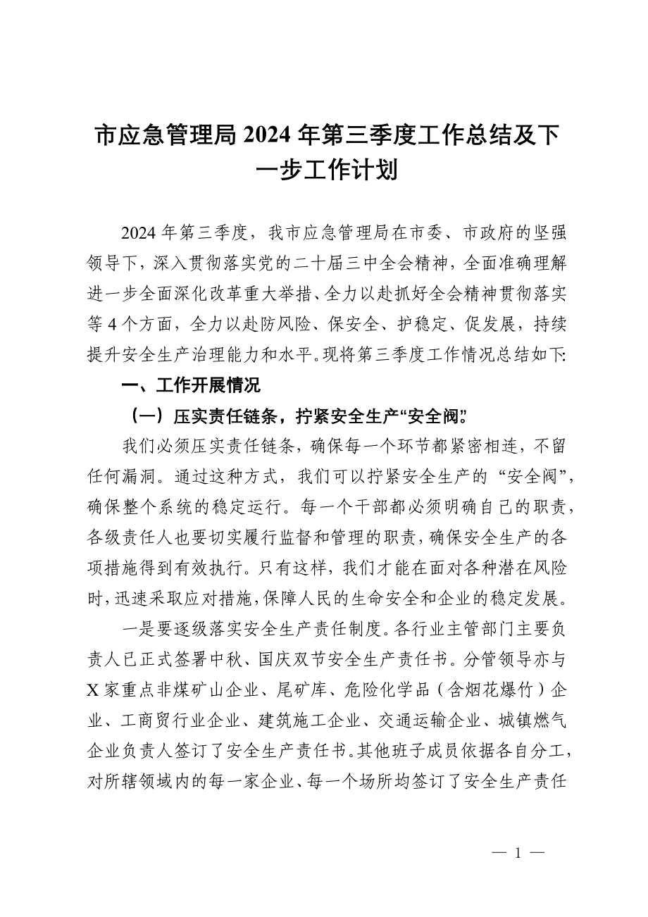 市应急管理局2024年第三季度工作总结及下一步工作计划_第1页