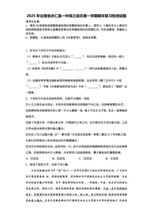 2025年云南省永仁县一中高三语文第一学期期末复习检测试题含解析