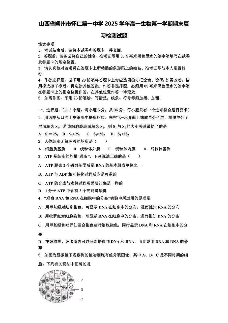 山西省朔州市怀仁第一中学2025学年高一生物第一学期期末复习检测试题含解析_第1页