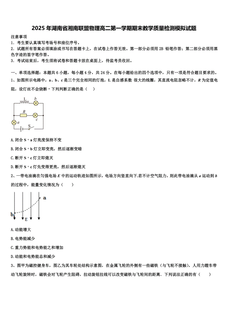 2025年湖南省湘南联盟物理高二第一学期期末教学质量检测模拟试题含解析_第1页