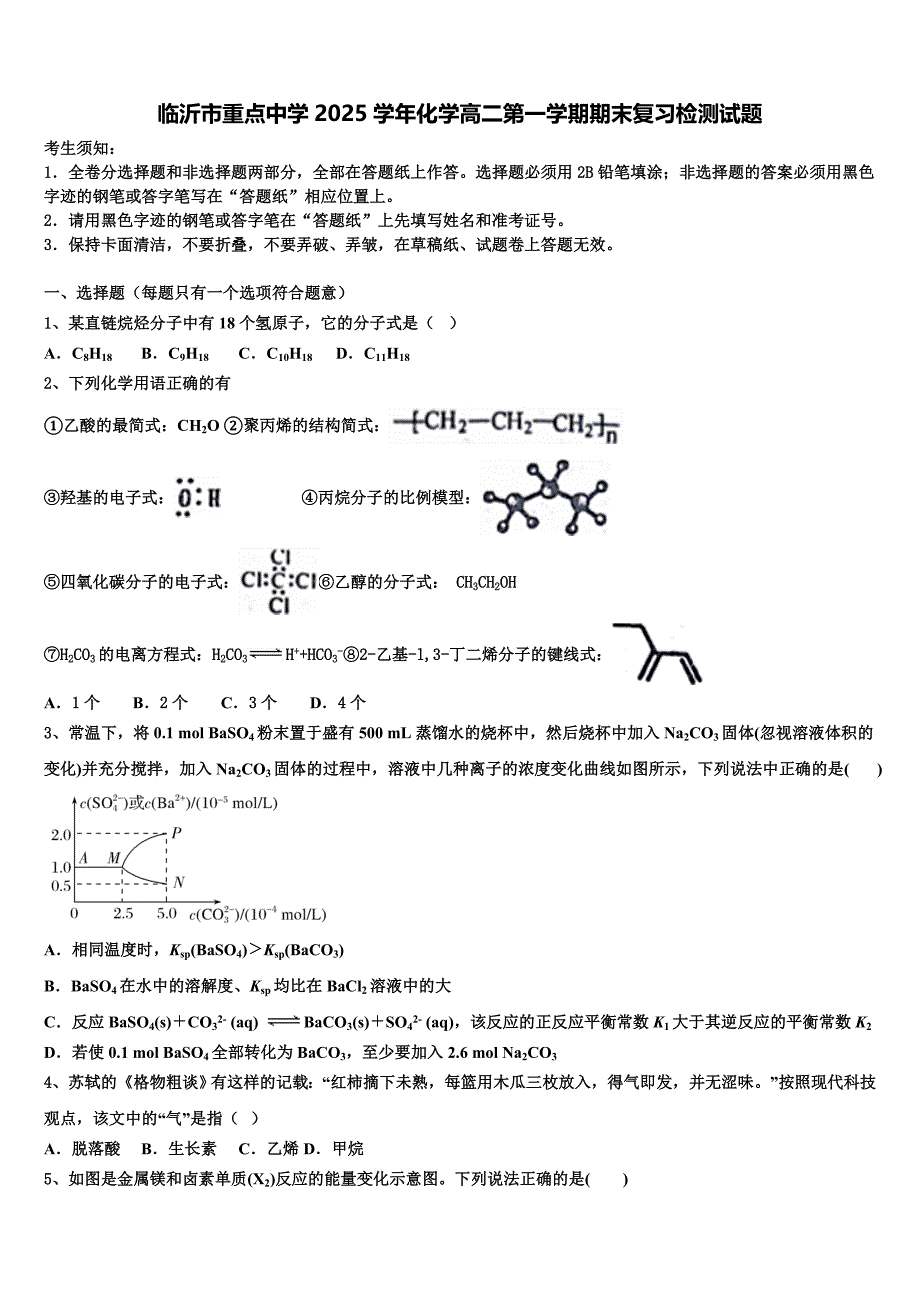 临沂市重点中学2025学年化学高二第一学期期末复习检测试题含解析_第1页