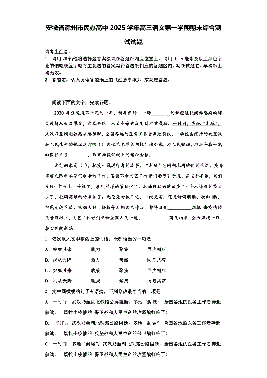 安徽省滁州市民办高中2025学年高三语文第一学期期末综合测试试题含解析_第1页