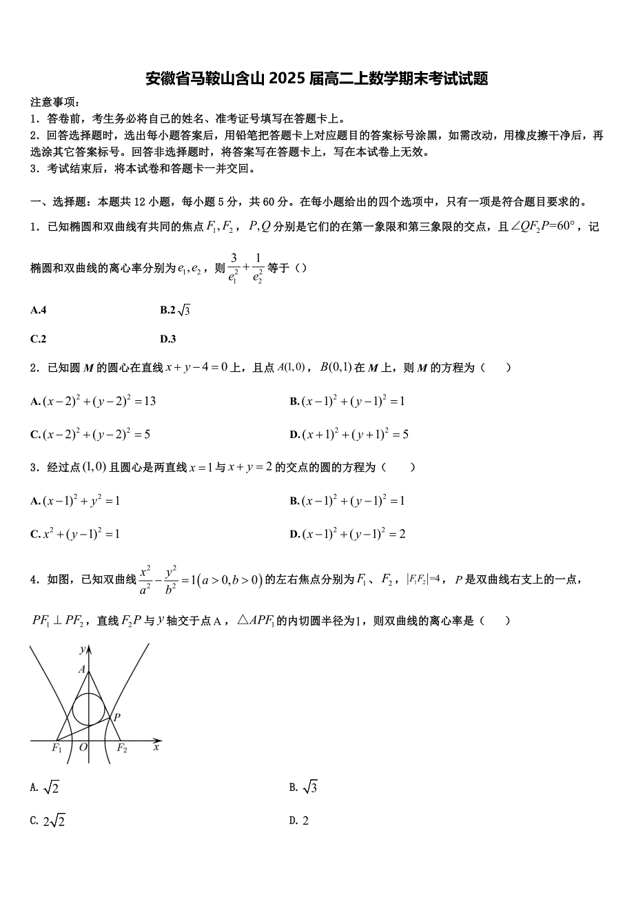 安徽省马鞍山含山2025届高二上数学期末考试试题含解析_第1页