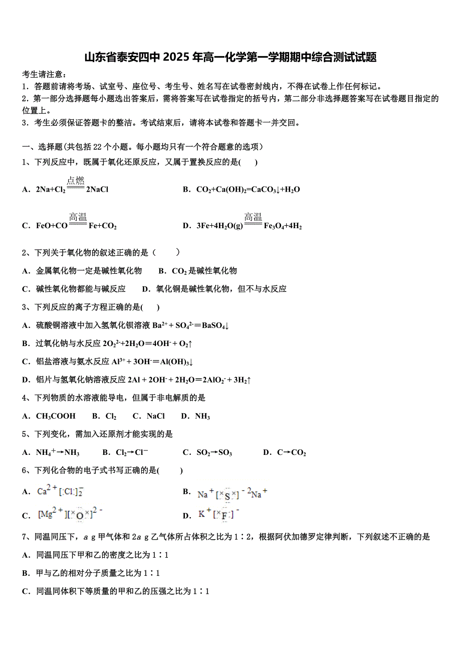 山东省泰安四中2025年高一化学第一学期期中综合测试试题含解析_第1页