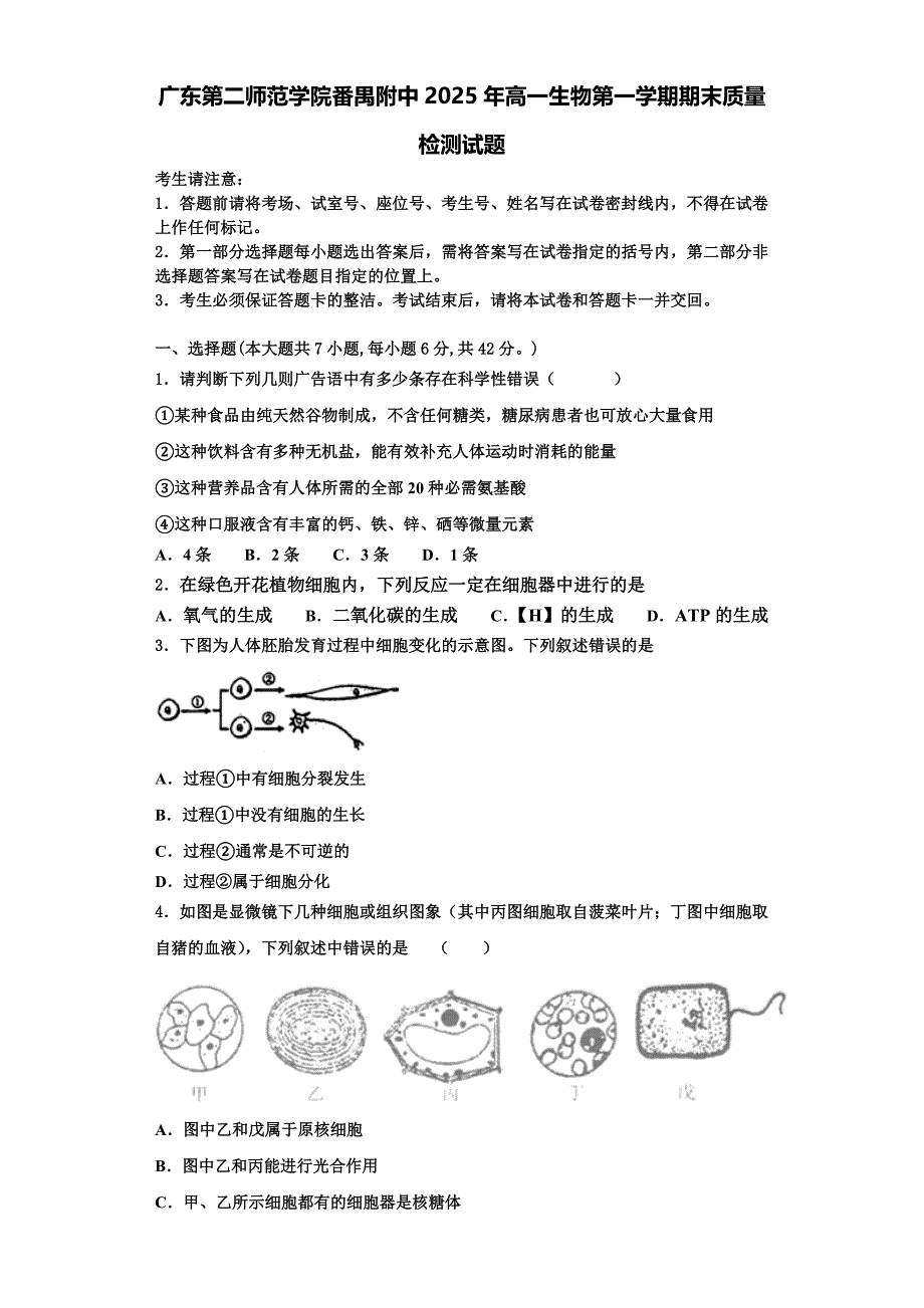 广东第二师范学院番禺附中2025年高一生物第一学期期末质量检测试题含解析_第1页