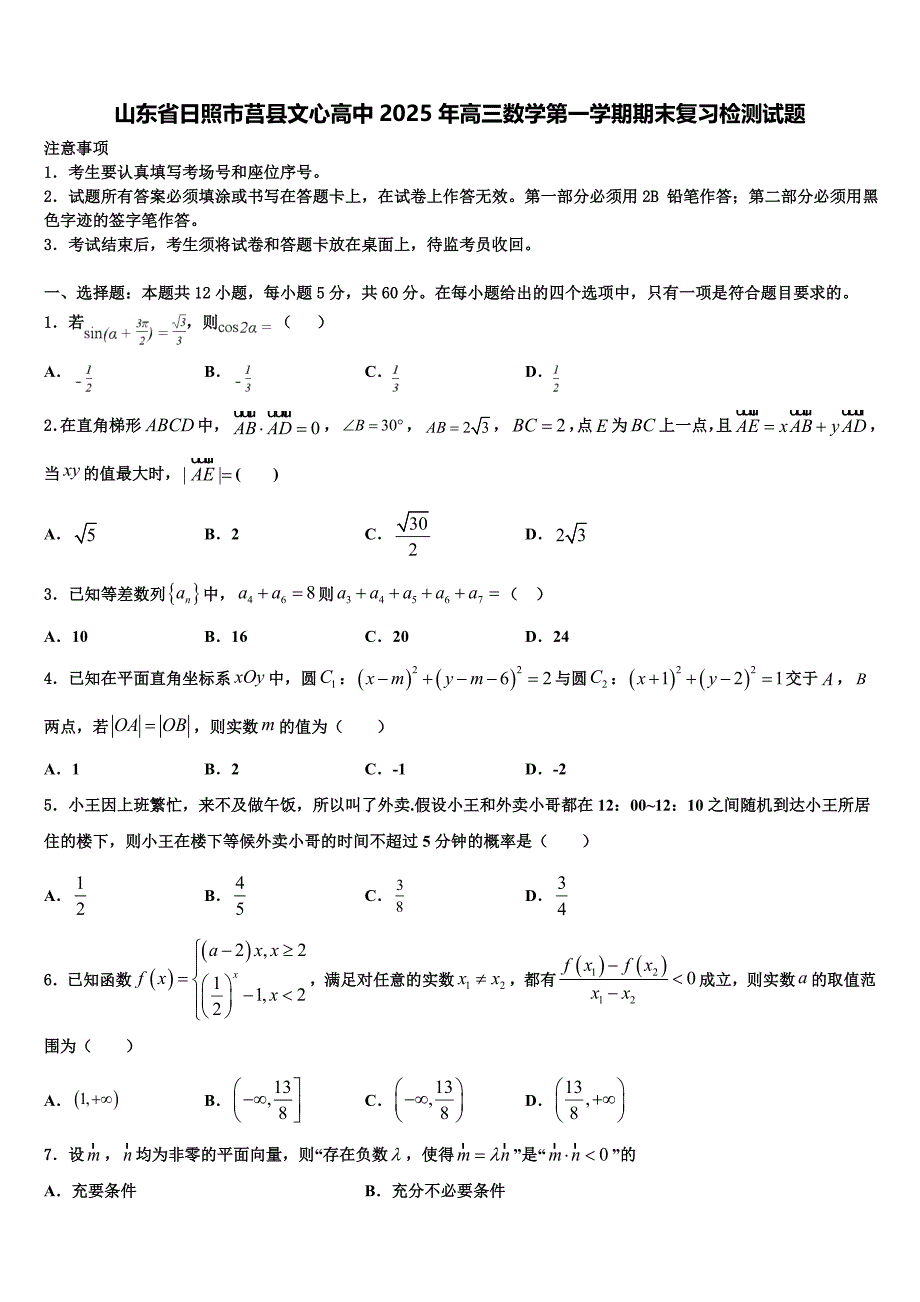 山东省日照市莒县文心高中2025年高三数学第一学期期末复习检测试题含解析_第1页