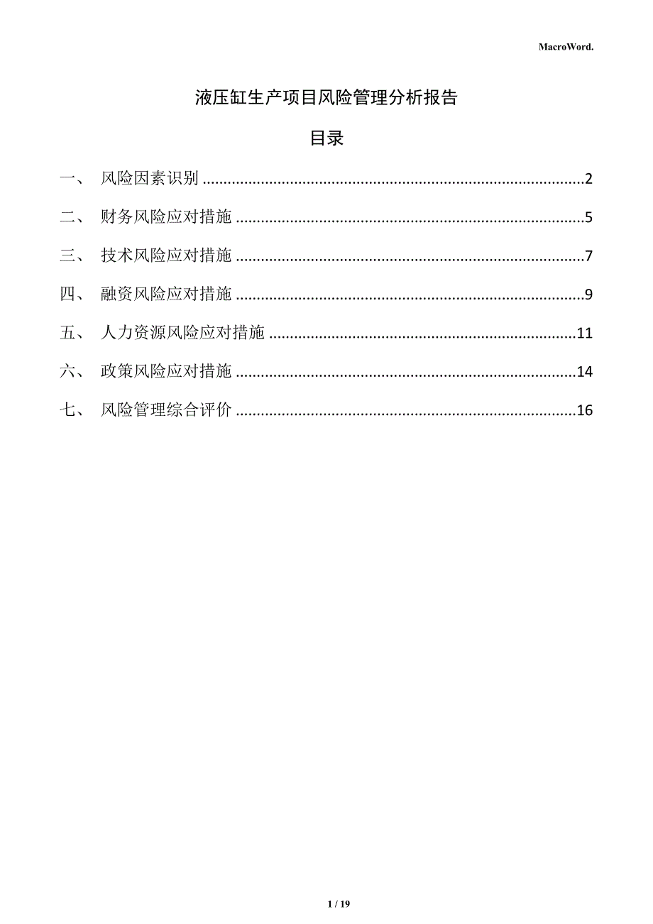 液压缸生产项目风险管理分析报告_第1页