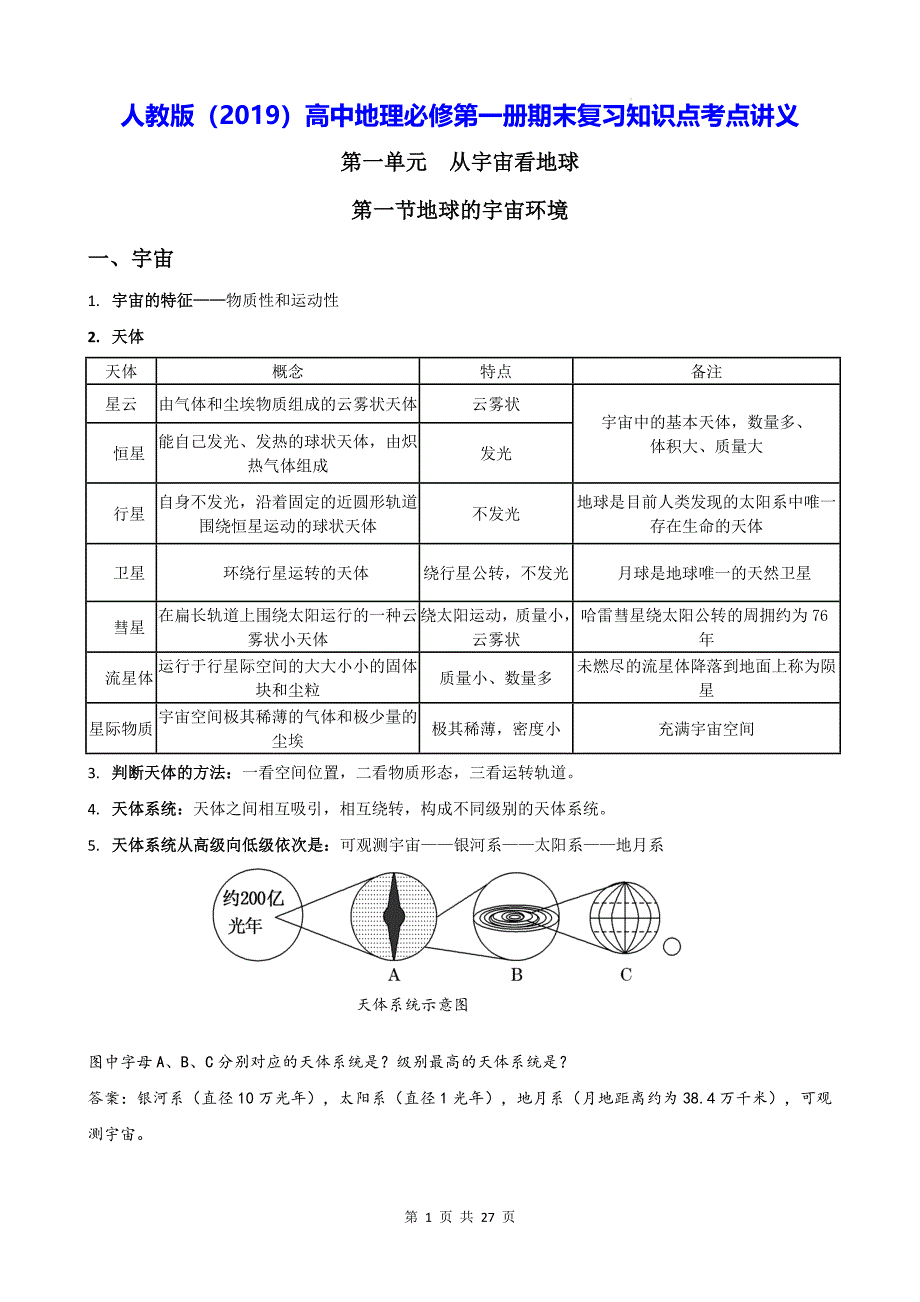 人教版（2019）高中地理必修第一册期末复习知识点考点讲义_第1页