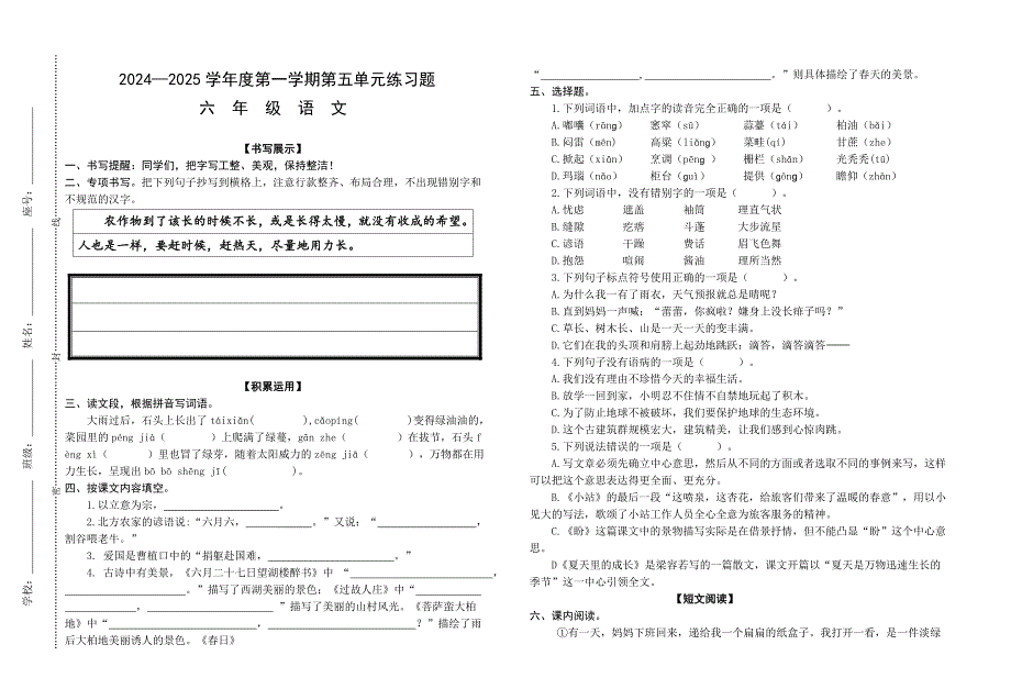 部编人教版小学语文六年级2024—2025学年度第一学期第五单元练习试卷_第1页