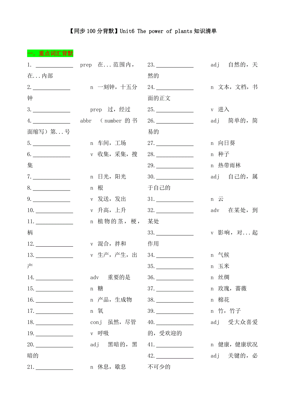 Unit 6 The power of plants 知识清单（默写版）-2024-2025学年七年级上册_第1页