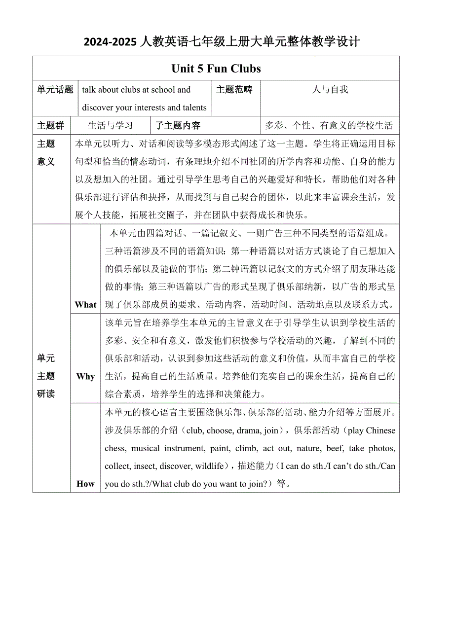 【教案】Unit+5+Fun+Clubs+大单元整体教学设计人教版（2024）七年级英语上册_第1页