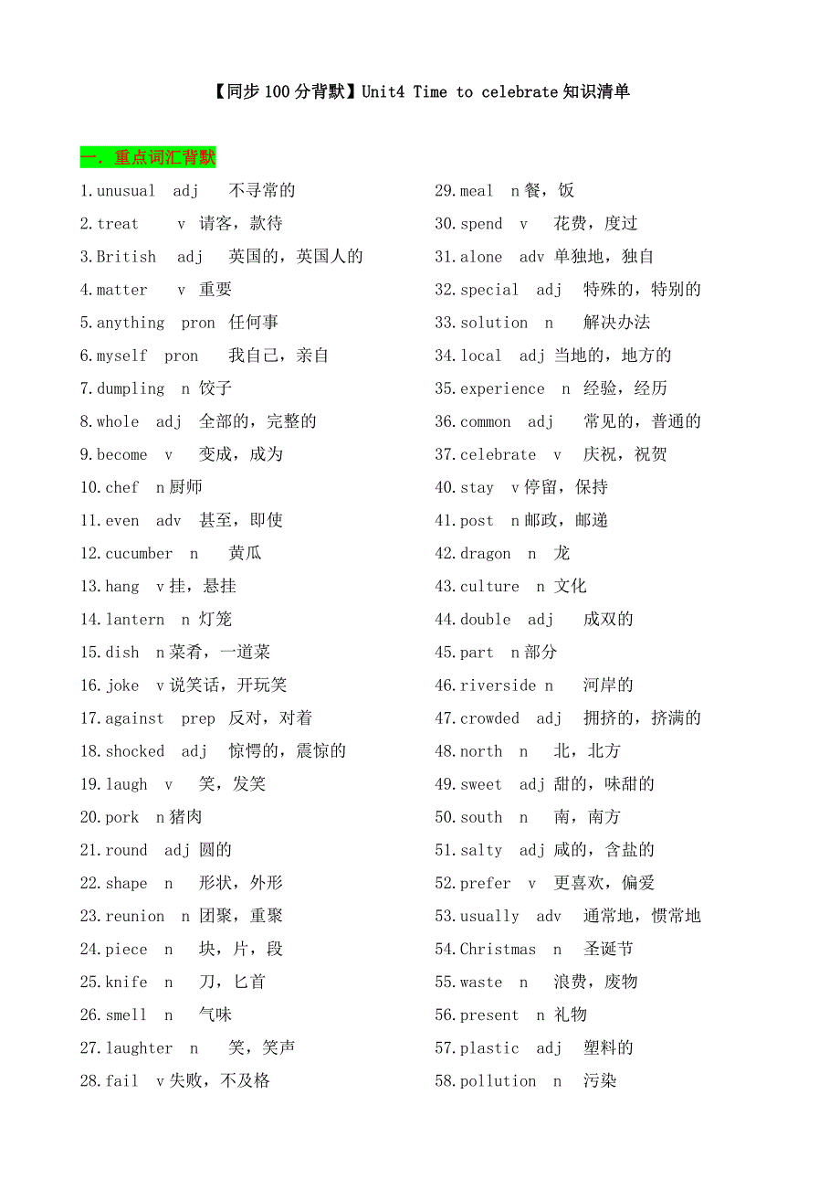 新外研版英语Unit 4 Time to celebrate知识清单（记忆版）-2024-2025学年七年级上册_第1页