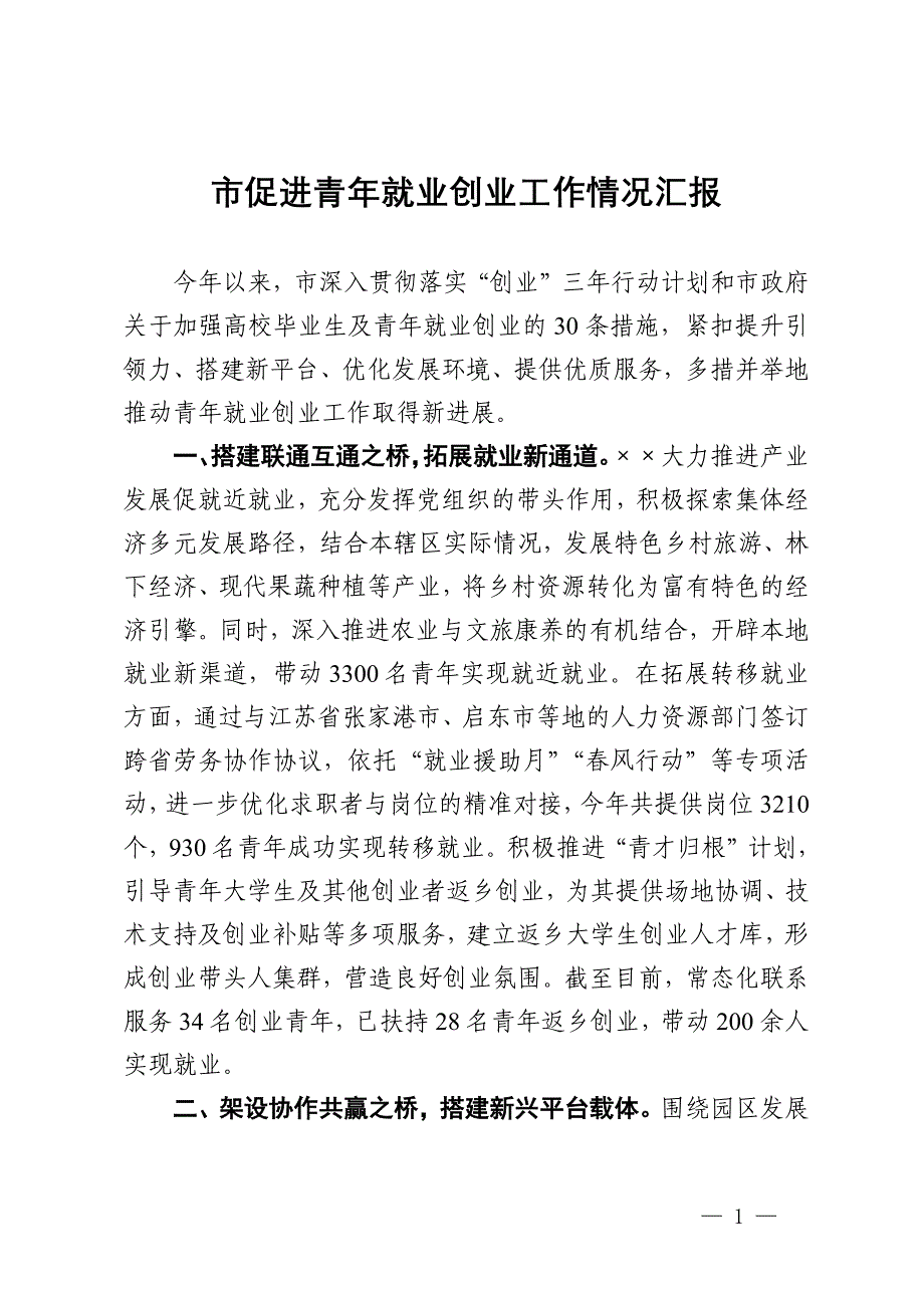 市促进青年就业创业工作情况汇报_第1页