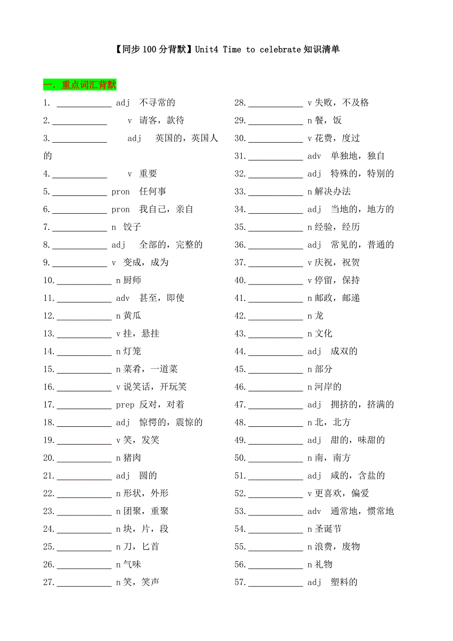 新外研版英语Unit 4 Time to celebrate知识清单（默写版）-2024-2025学年七年级上册_第1页