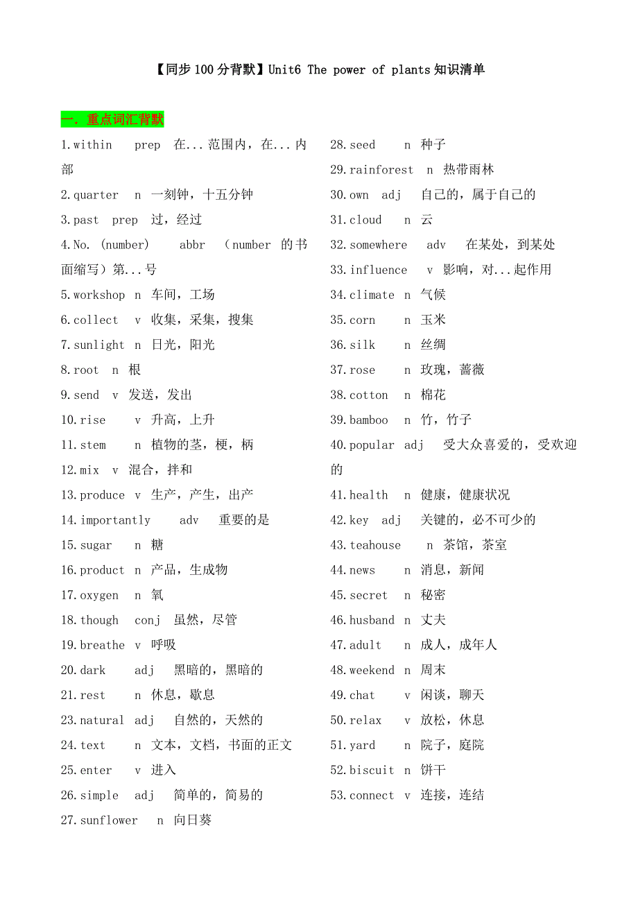 Unit 6 The power of plants 知识清单（记忆版）-2024-2025学年七年级上册_第1页