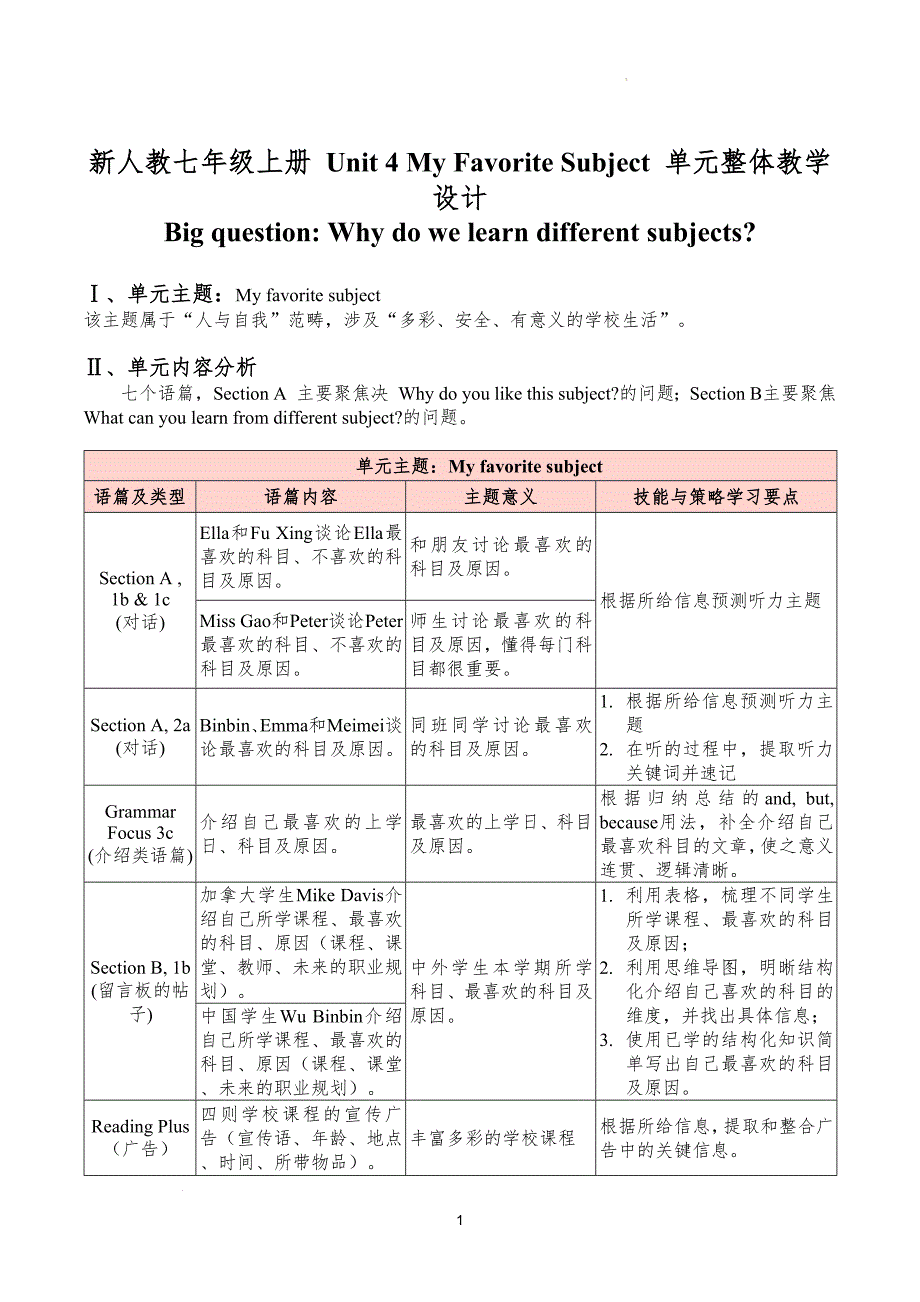 【教案】Unit4+单元整体教学设计+5课时教学设计+人教版（2024）七年级英语上册_第1页