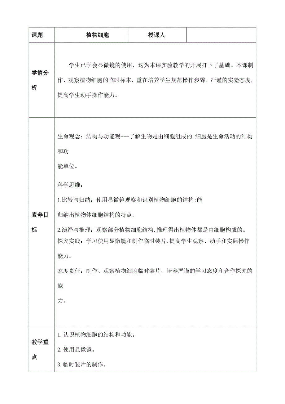 2024年秋初中生物七年级上册教学设计（最新教案）第二节 植物细胞_第2页