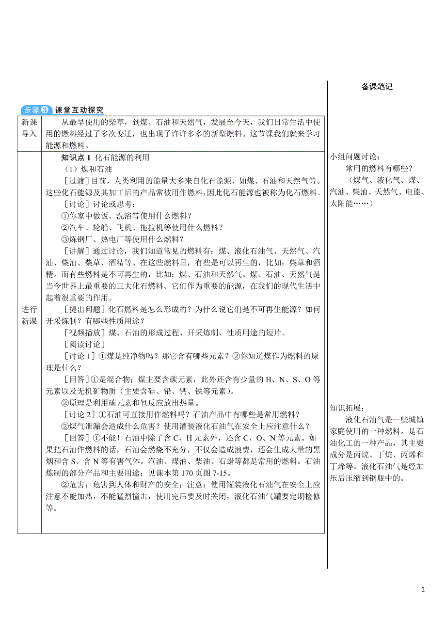 2024秋初中化学九年级上册教学设计（最新教案）第1课时 化石能源的利用_第2页