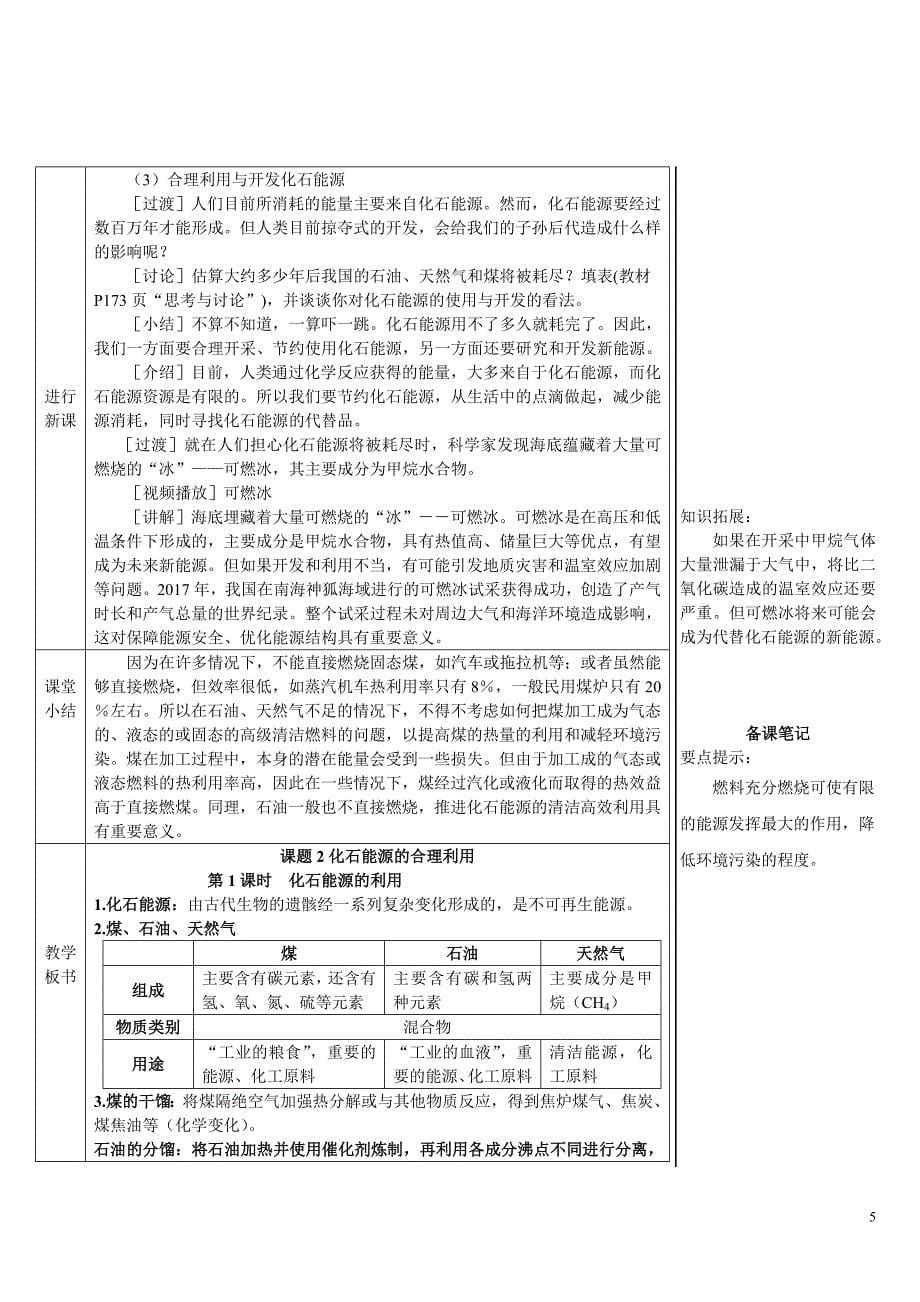 2024秋初中化学九年级上册教学设计（最新教案）第1课时 化石能源的利用_第5页