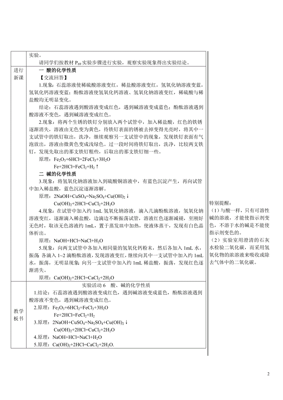 2024秋初中化学九年级下册教学设计实验活动6 酸、碱的化学性质（导学案）_第2页