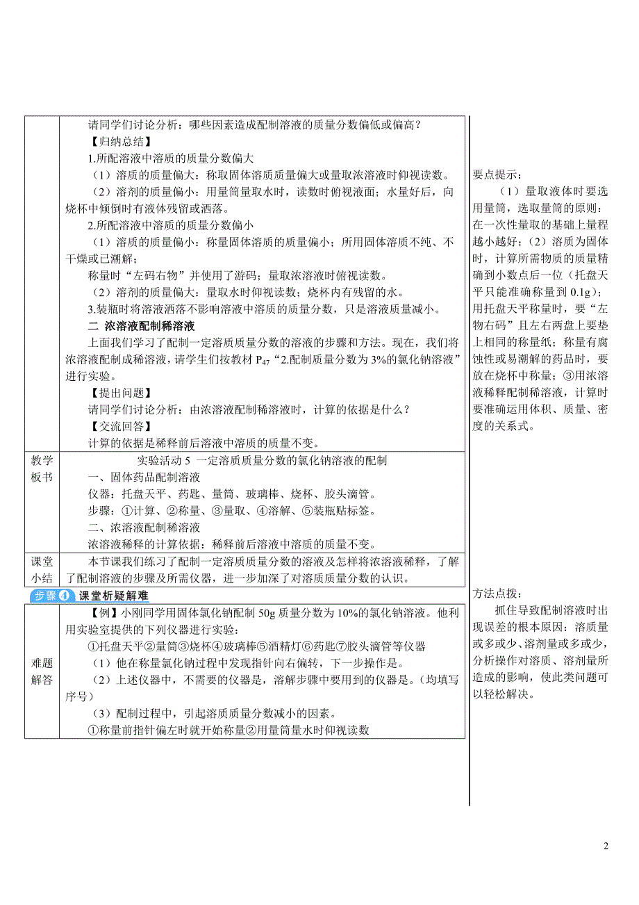 2024秋初中化学九年级下册教学设计实验活动5 一定溶质质量分数的氯化钠溶液的配制（导学案）_第2页