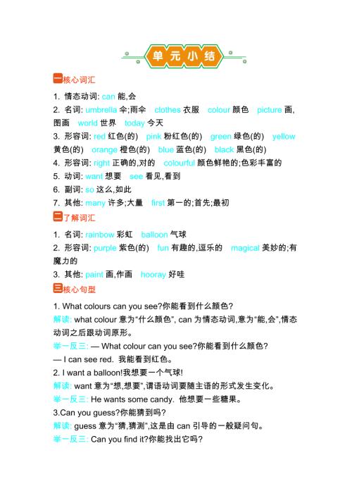 外研版（2024新版）小学三年级英语上册Unit 3 单元小结