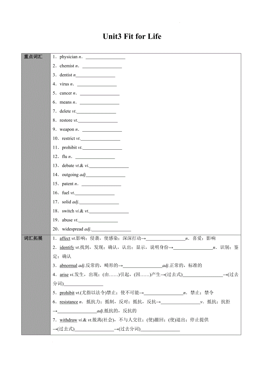 专题19.选择性必修第二册Unit3 Fit for Life（学生版译林版2020）_第1页