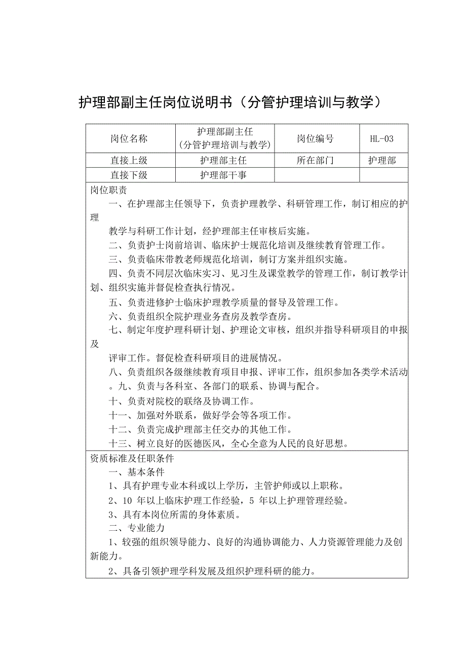 护理部副主任岗位说明书（分管护理培训与教学）_第1页