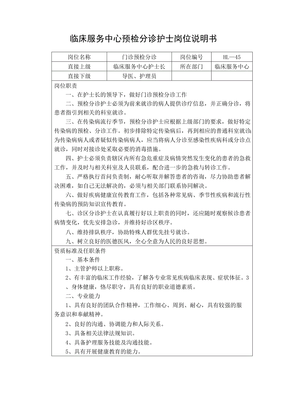 临床服务中心预检分诊护士岗位说明书_第1页