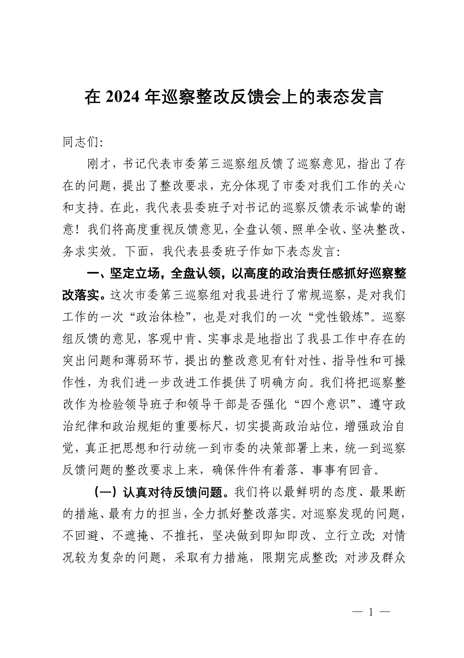 县委书记在2024年巡察整改反馈会上的表态发言_第1页