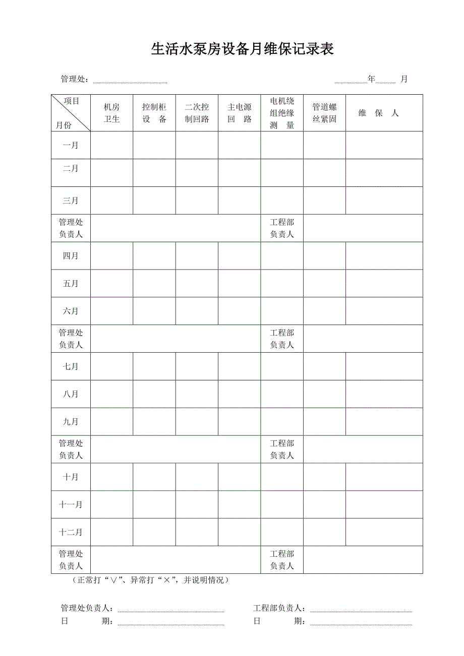 生活水泵房设备月维保记录表文档_第1页