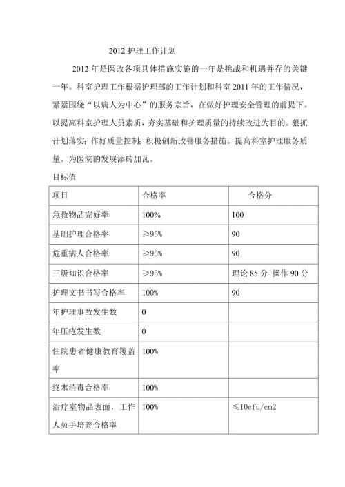 病区护士长护理工作计划文档