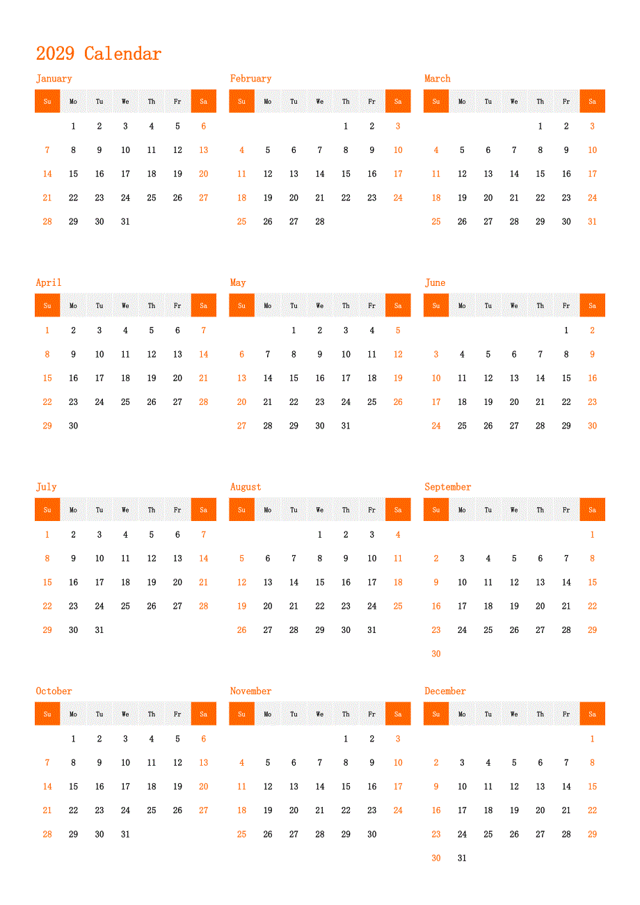 日历表2029年日历 英文版 纵向排版 周日开始(2)_第1页