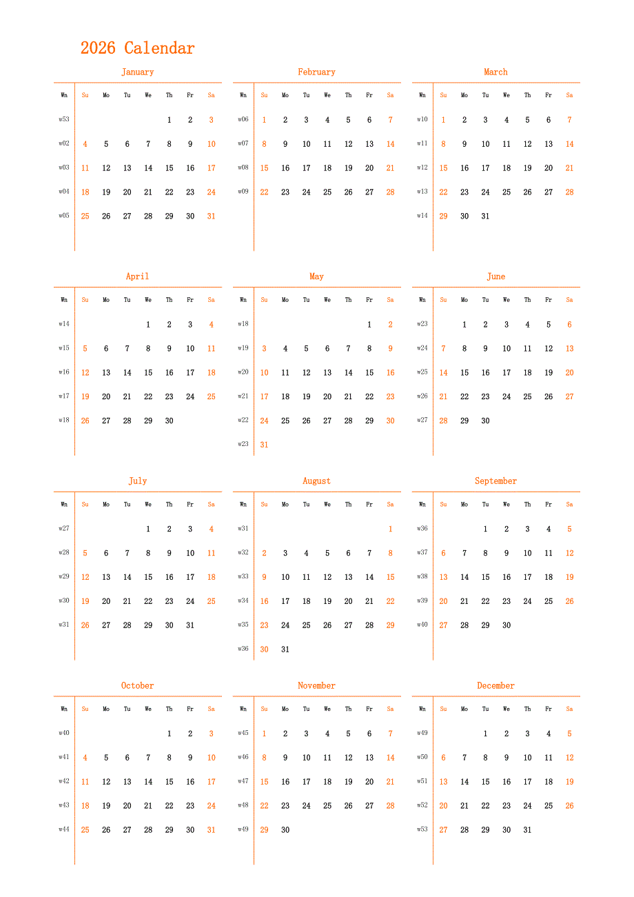 日历表2026年日历 英文版 纵向排版 周日开始 带周数(1)_第1页