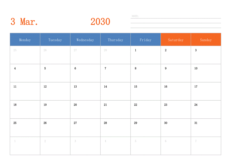 日历表2030年日历 英文版 横向排版 周一开始_第3页