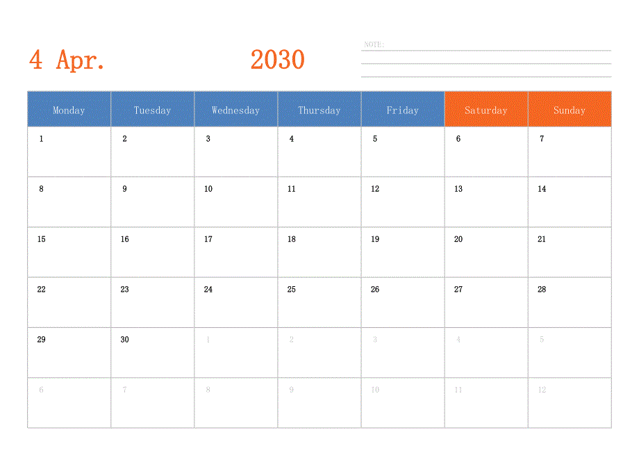 日历表2030年日历 英文版 横向排版 周一开始_第4页