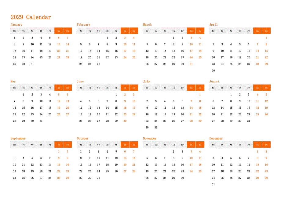 日历表2029年日历 英文版 横向排版 周一开始(2)_第1页